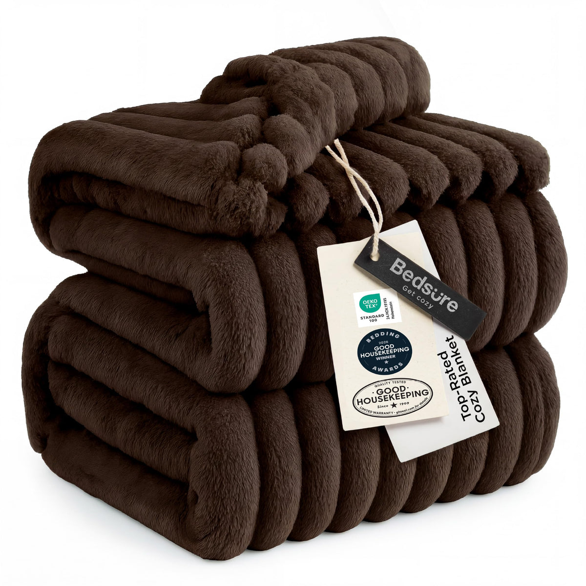 Bedsure GentleSoft dark chocolate blanket close-up texture for cozy warmth on couch