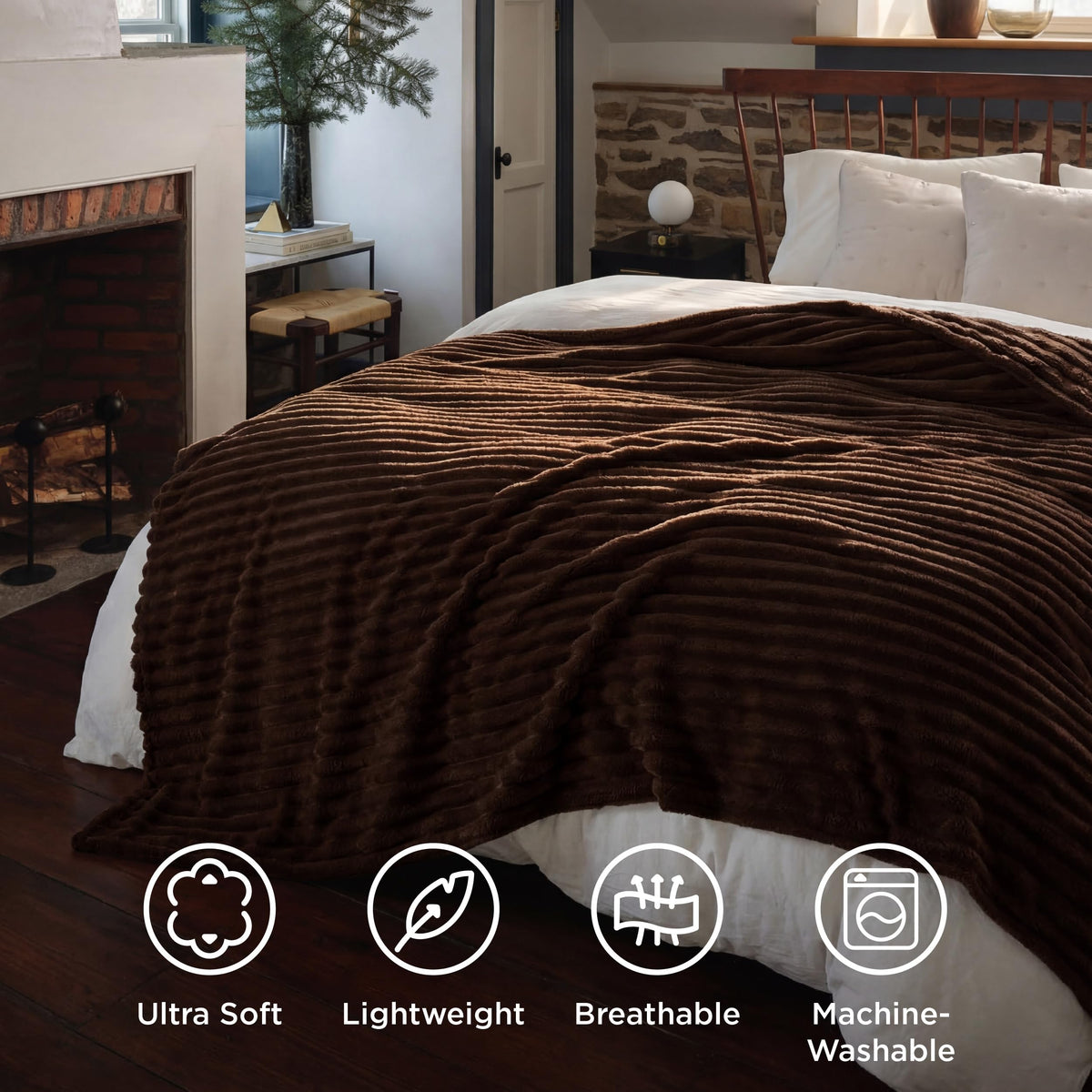 Bedsure GentleSoft throw worn by a person to emphasize light warmth