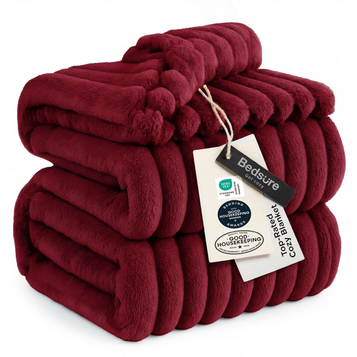 Bedsure GentleSoft Deep Red Blanket on couch adds cozy warmth for relaxing evenings.