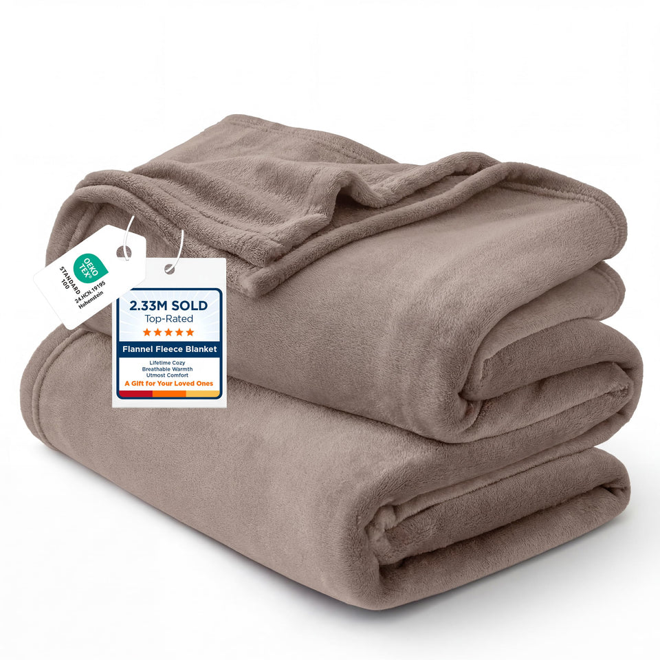 Bedsure GentleSoft fleece blanket in mocha brown on a bed for cozy warmth
