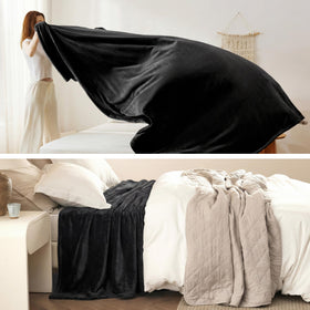 Queen size blanket on bed enhancing decor and coziness.