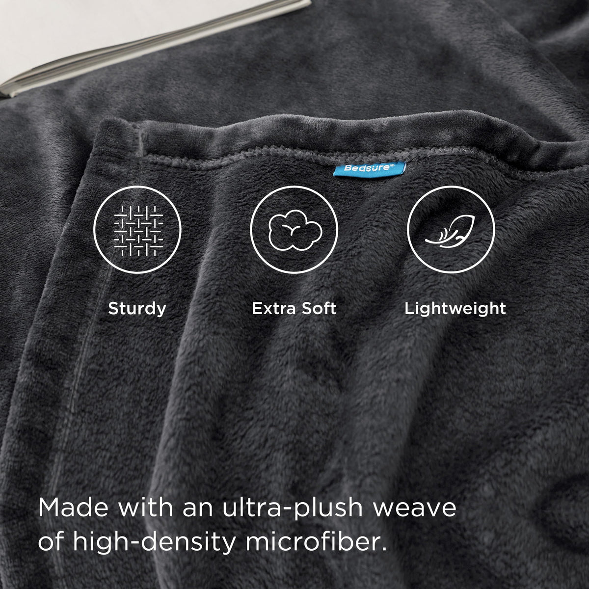 Bedsure GentleSoft fleece blanket dark grey color swatch highlights versatile decor.