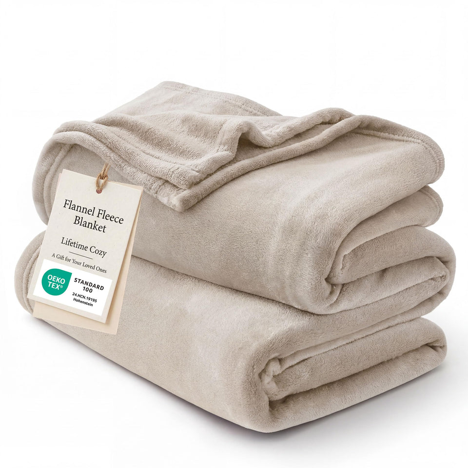 Bedsure GentleSoft fleece blanket on bed in Oxford Tan for cozy warmth.