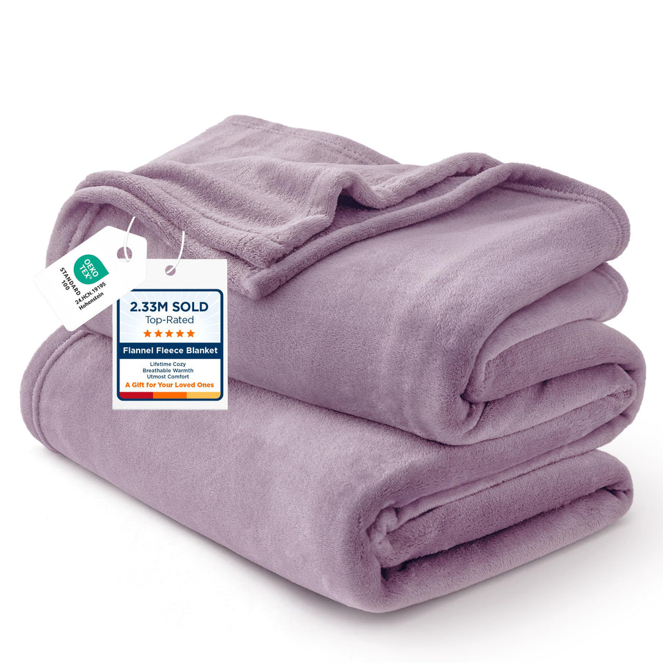 Bedsure GentleSoft fleece blanket in fog purple folded for cozy warmth and simple comfort.