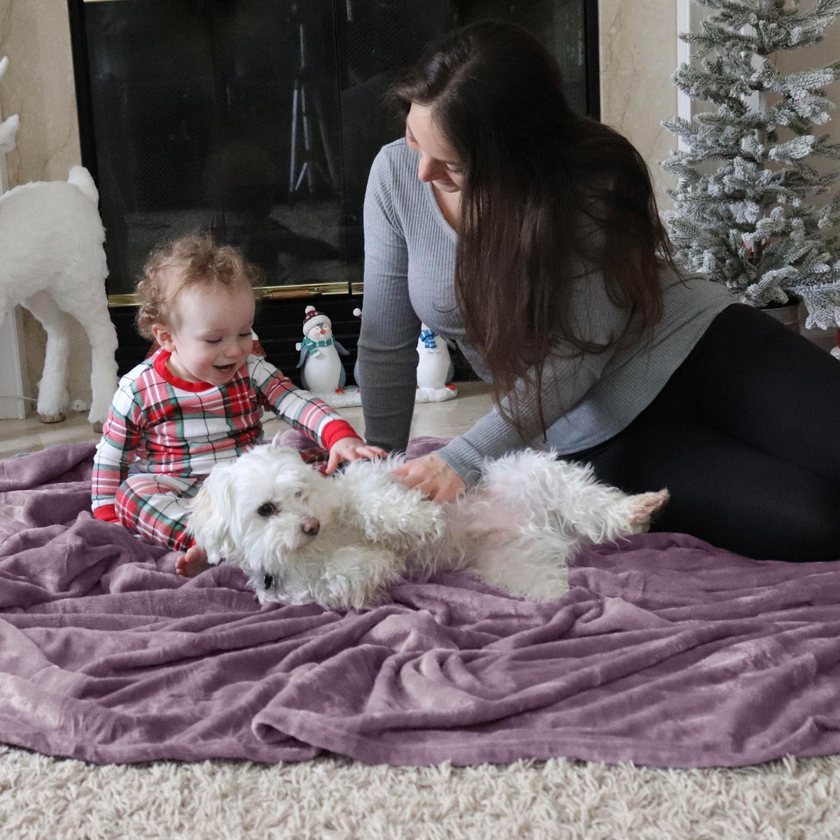 Bedsure GentleSoft fog purple fleece beside a pet shows easy care and shared comfort.