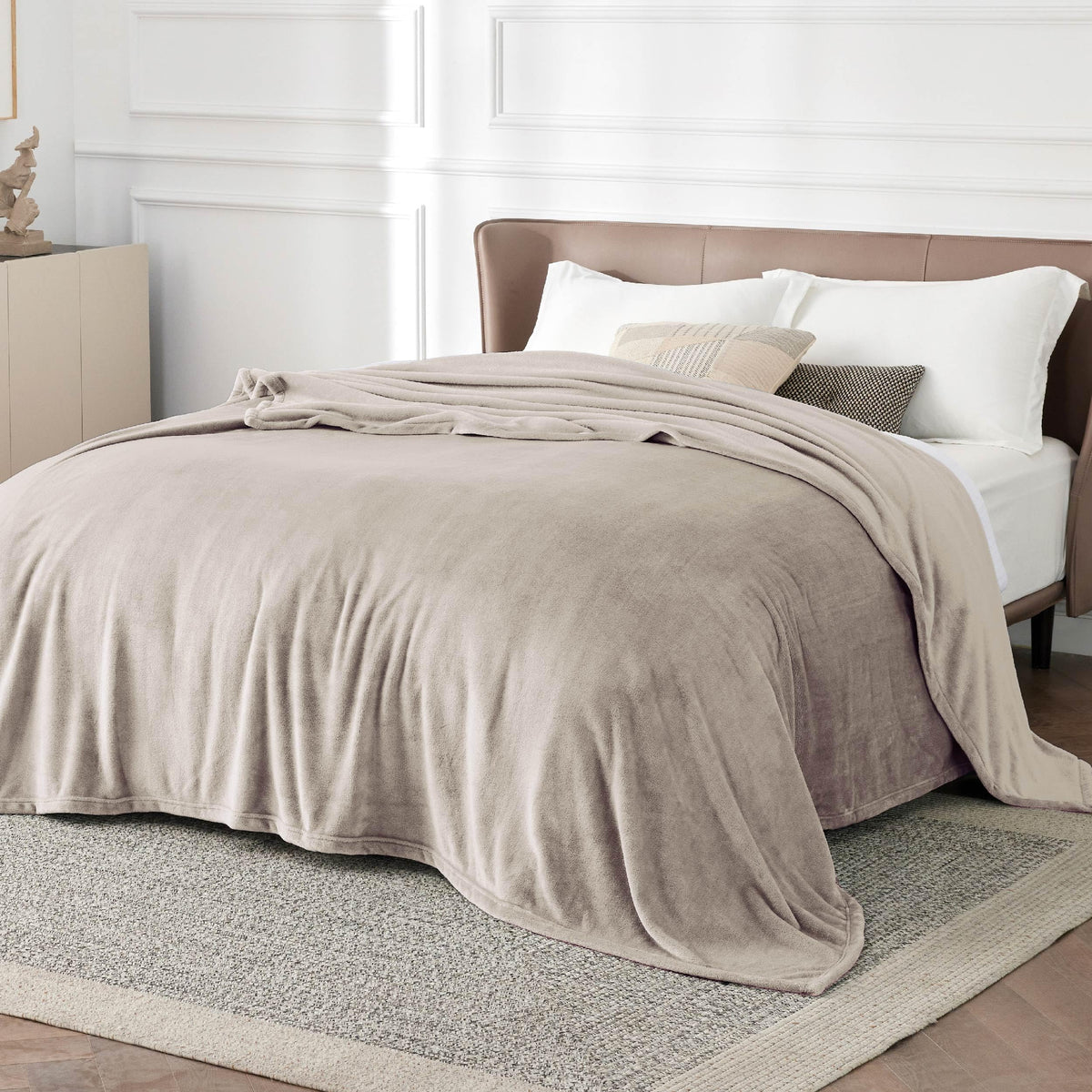 Bedsure GentleSoft fleece blanket folded, showing plush thickness and Oxford Tan shade, ready for gifting.