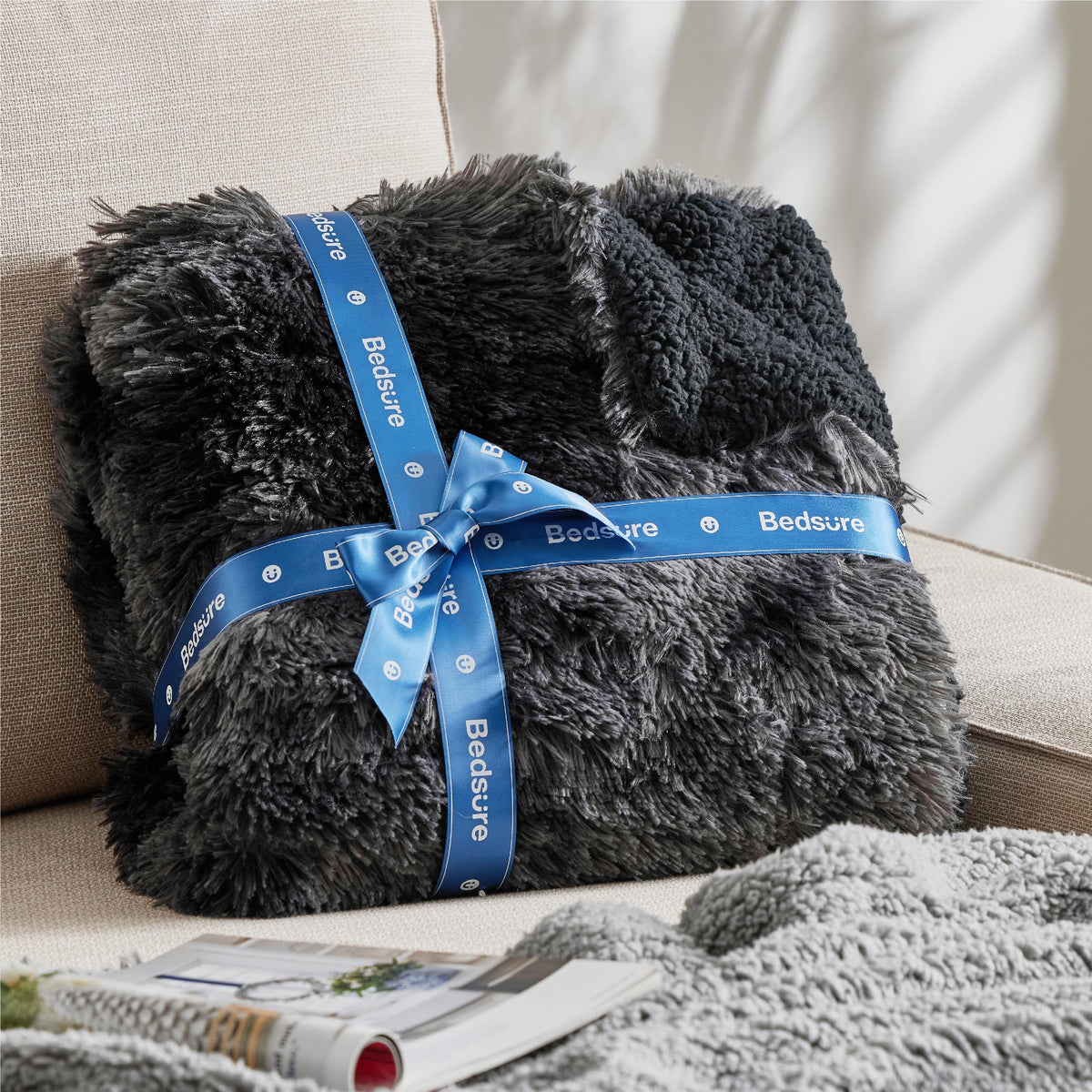 Bedsure GentleSoft fluffy blanket draped over chair showcasing decor appeal.