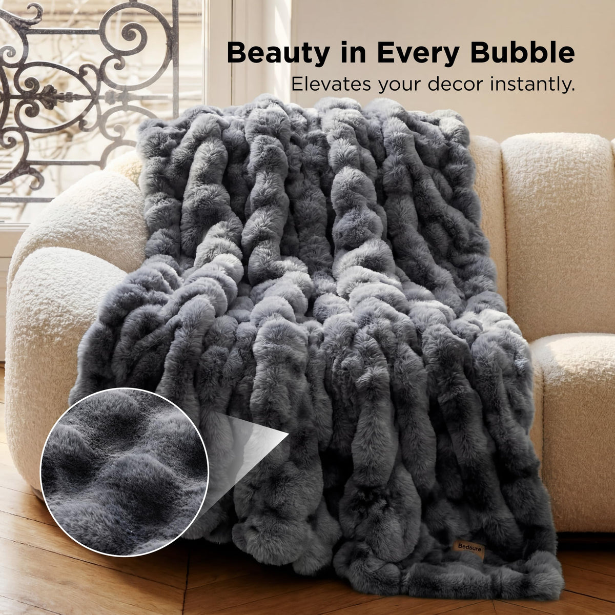 Bedsure GentleSoft Throw close-up shows bubble texture and plush feel