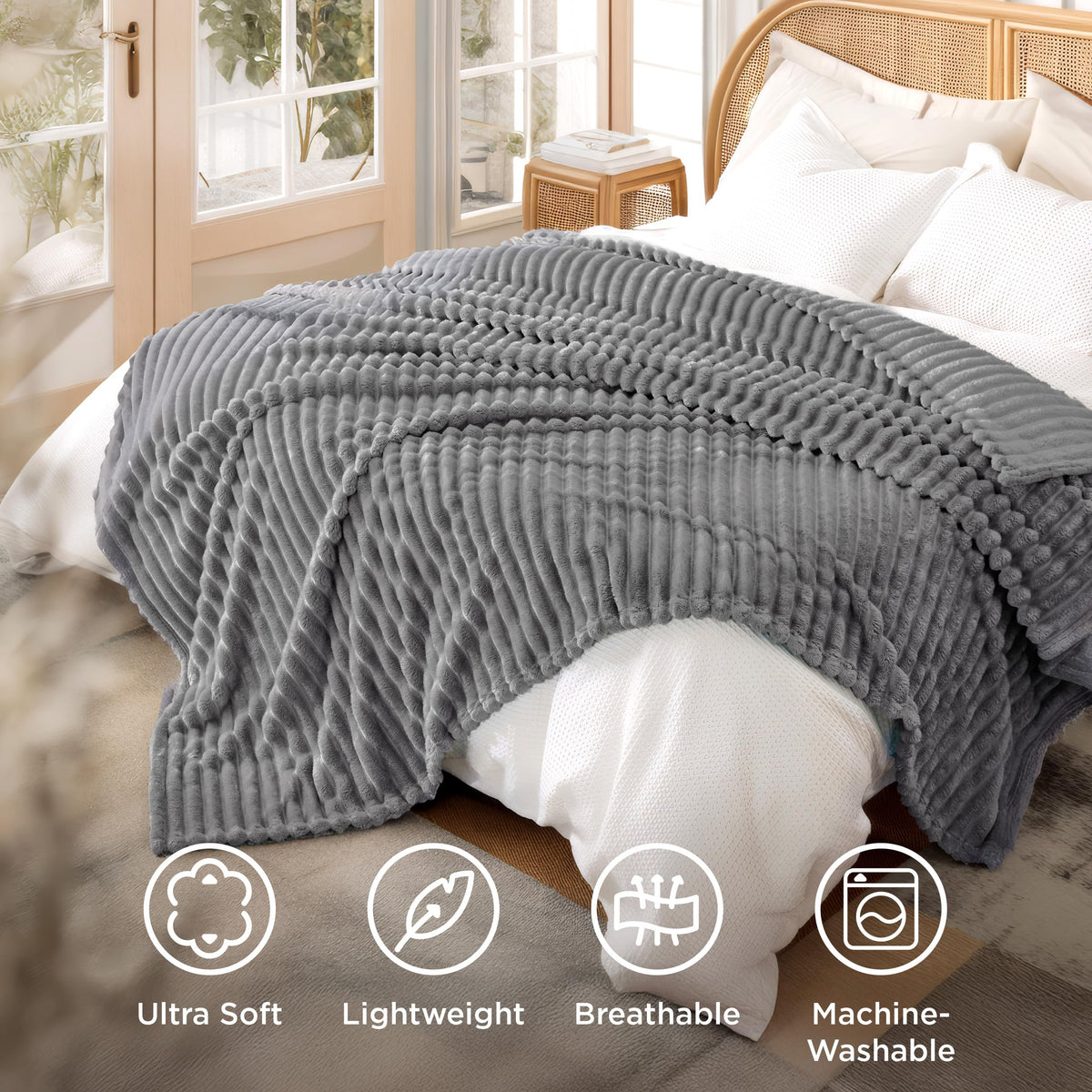 Bedsure GentleSoft Frost Gray blanket at bedside creates a soft retreat for calm mornings.