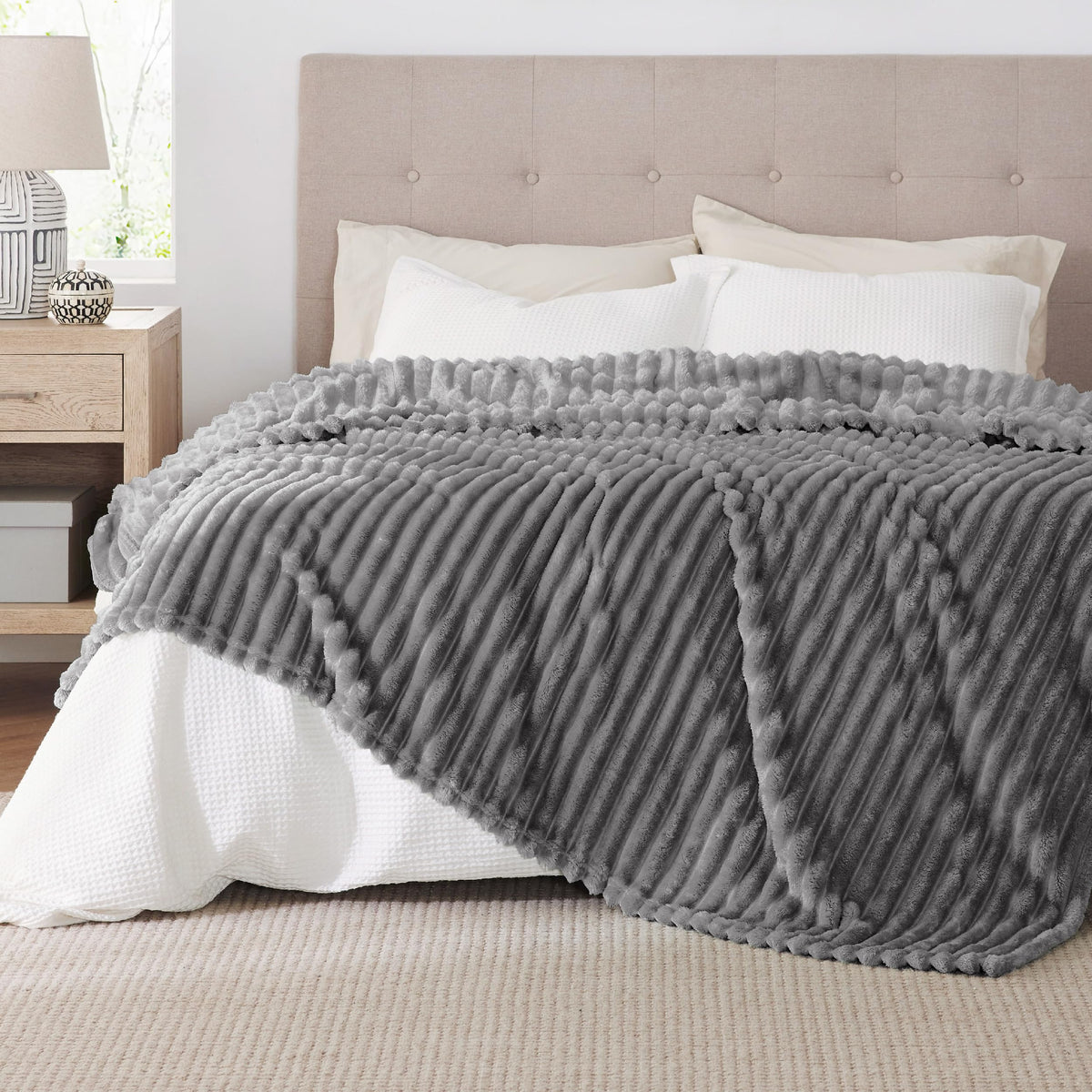 Bedsure GentleSoft Frost Gray fabric closeup shows plush microfiber