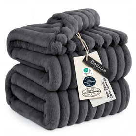 Bedsure GentleSoft Grey Fleece Queen Blanket closeup of plush microfiber texture for cozy comfort.