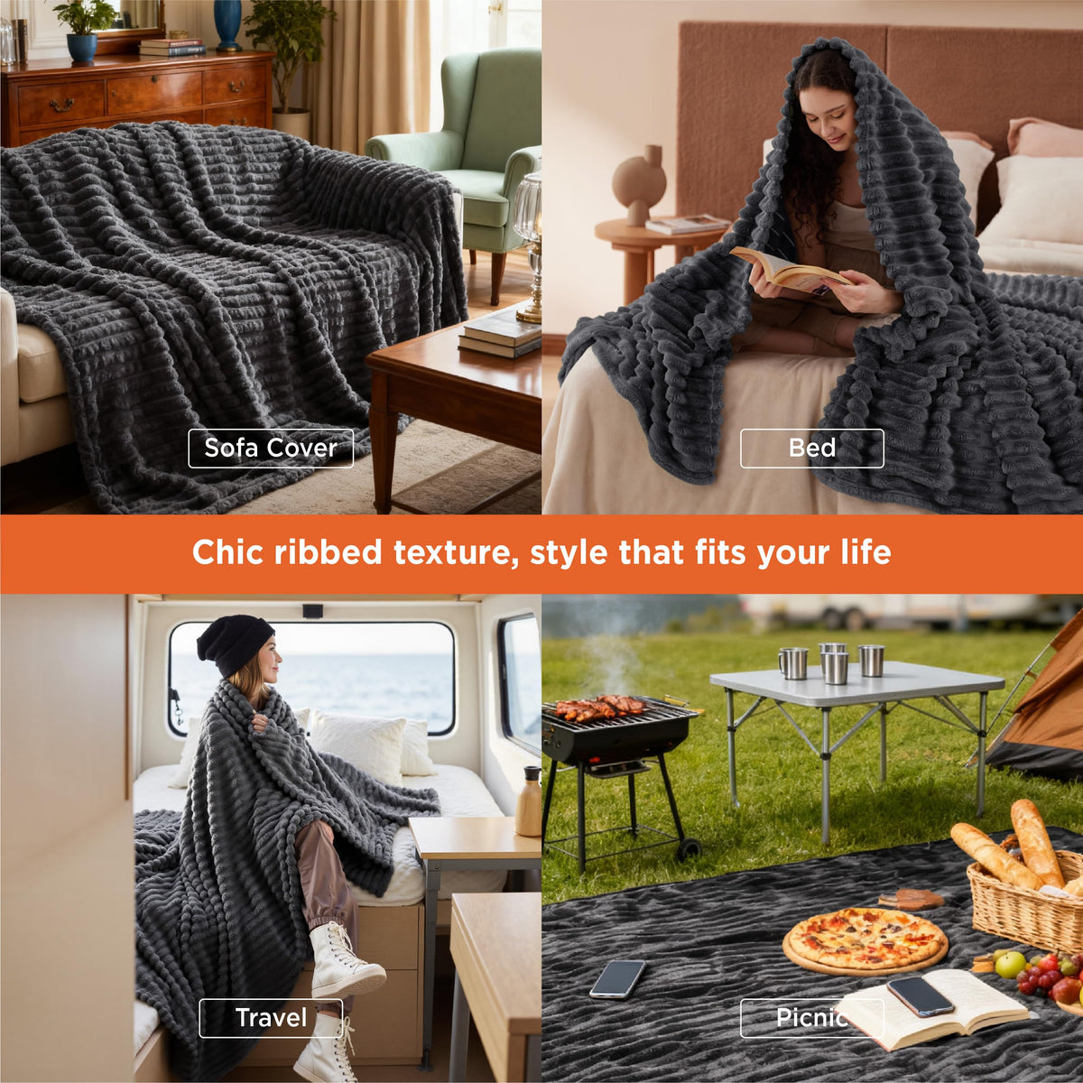 Bedsure GentleSoft Grey blanket with stripe pattern complements modern decor.