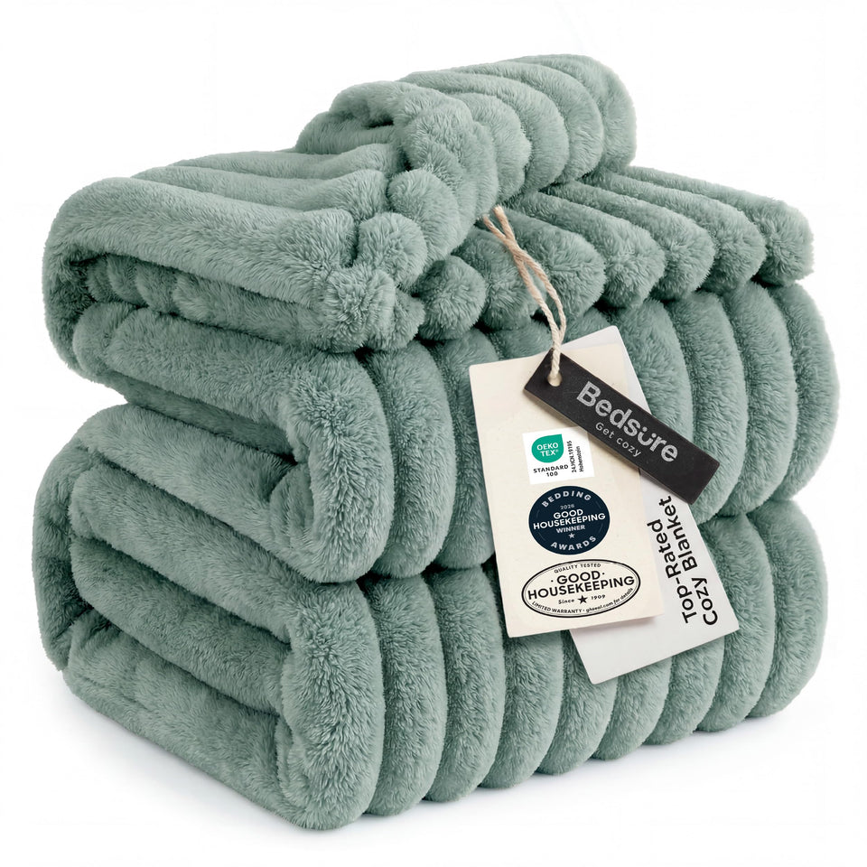 Bedsure GentleSoft king blanket in sage green folded to showcase plush softness.
