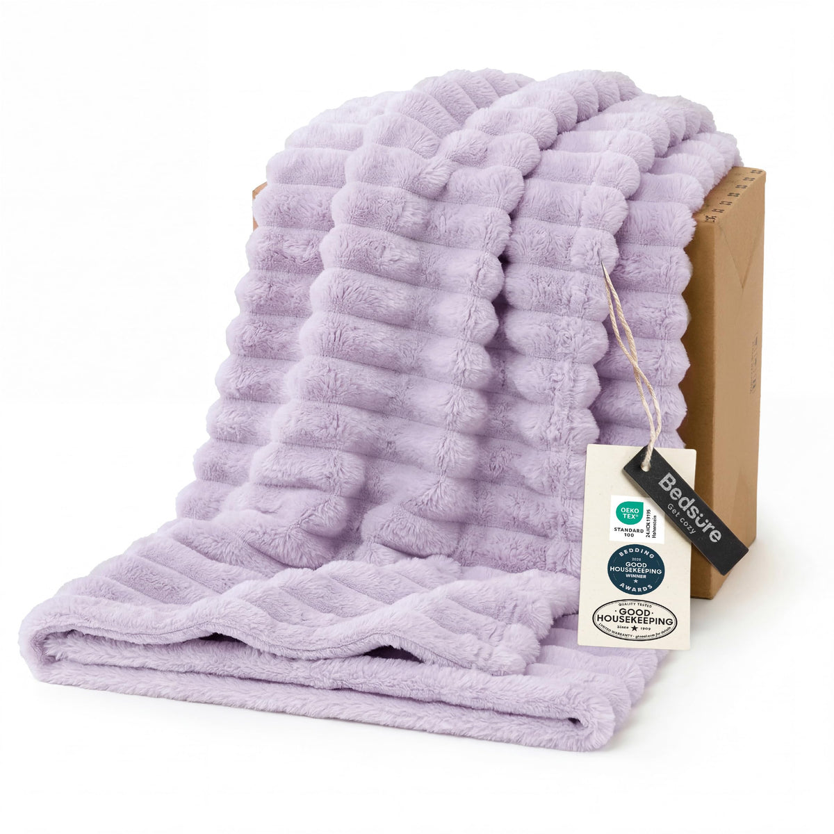 Bedsure GentleSoft Lavender Fog Blanket close-up highlights plush microfiber for all-season comfort