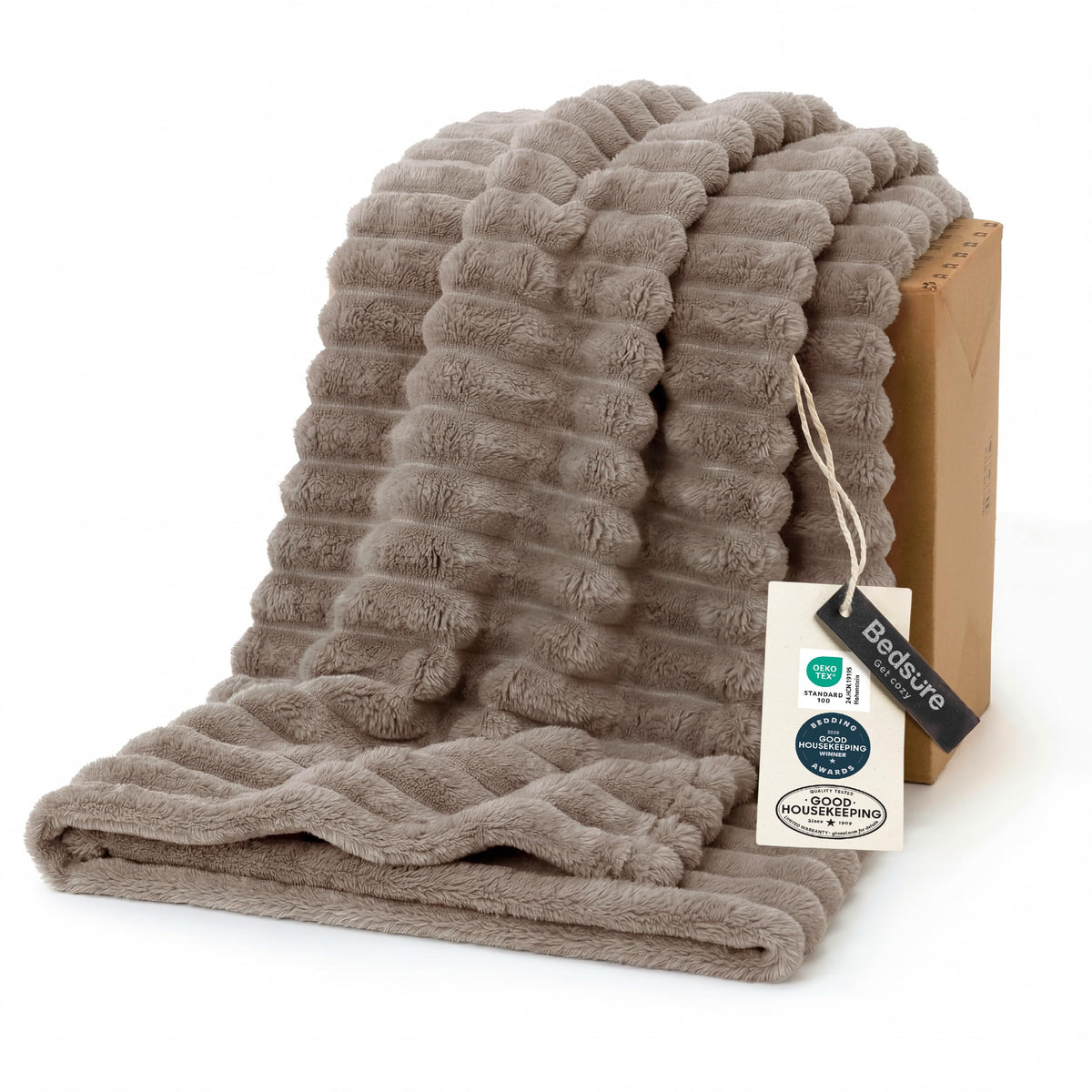 Bedsure GentleSoft blanket in light brown on couch with striped fleece texture for cozy lounging