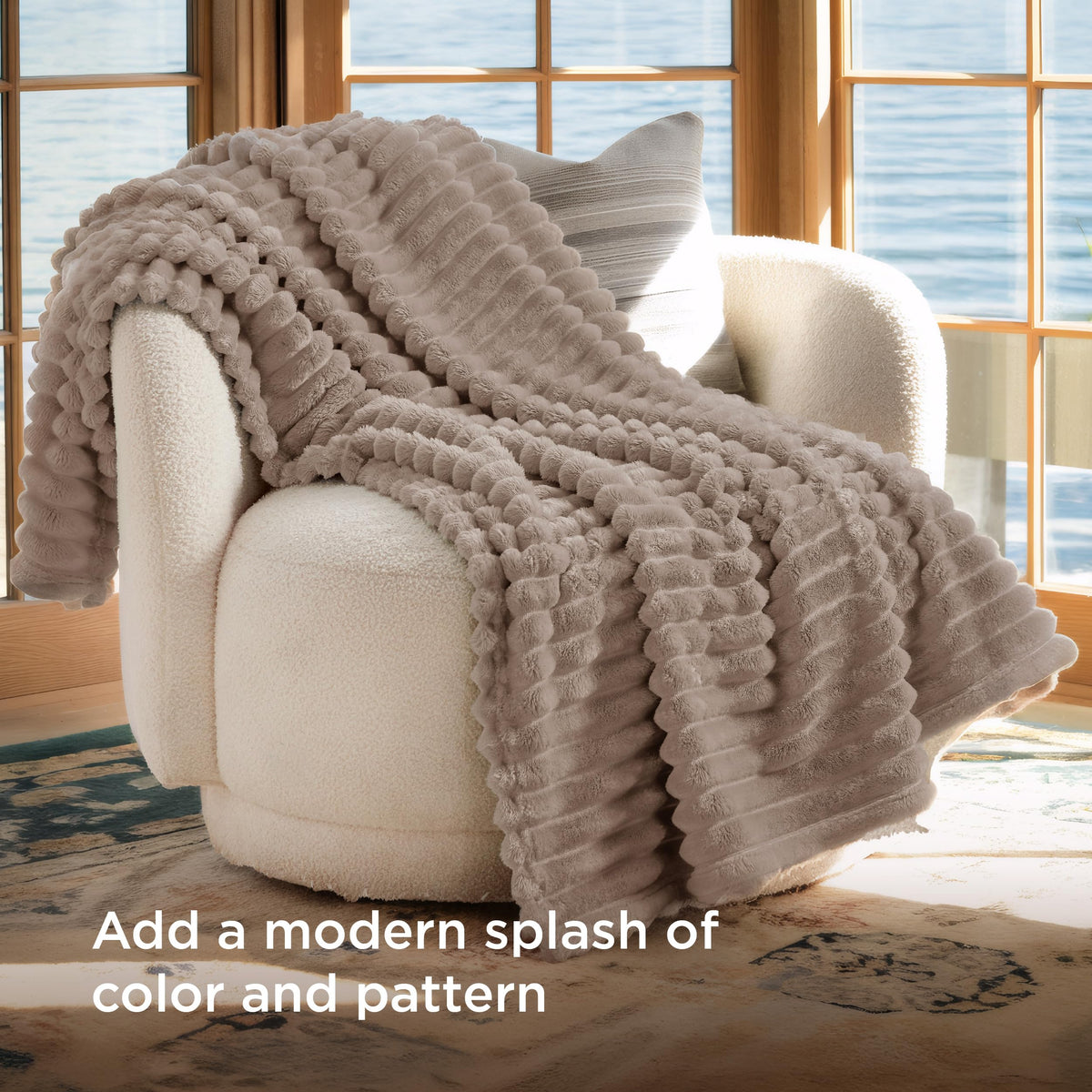 Bedsure light brown fleece blanket with striped pattern enhances bedroom decor