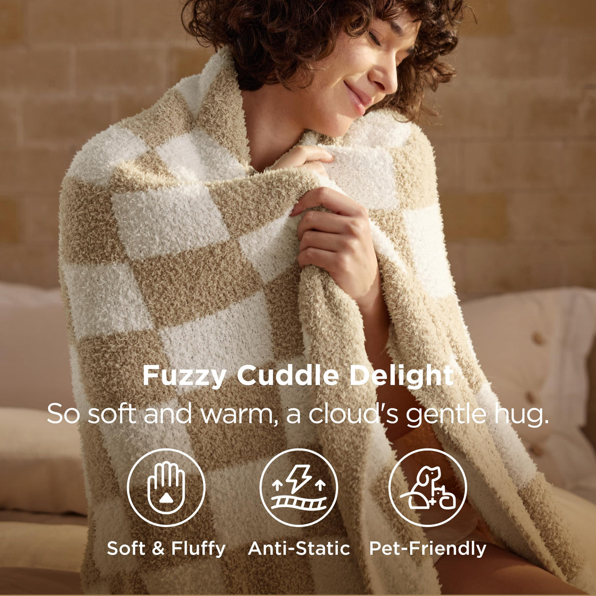  bedsure gentleSoft beige-checkered throw provides lightweight warmth for TV time.