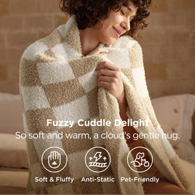  bedsure gentleSoft beige-checkered throw provides lightweight warmth for TV time.