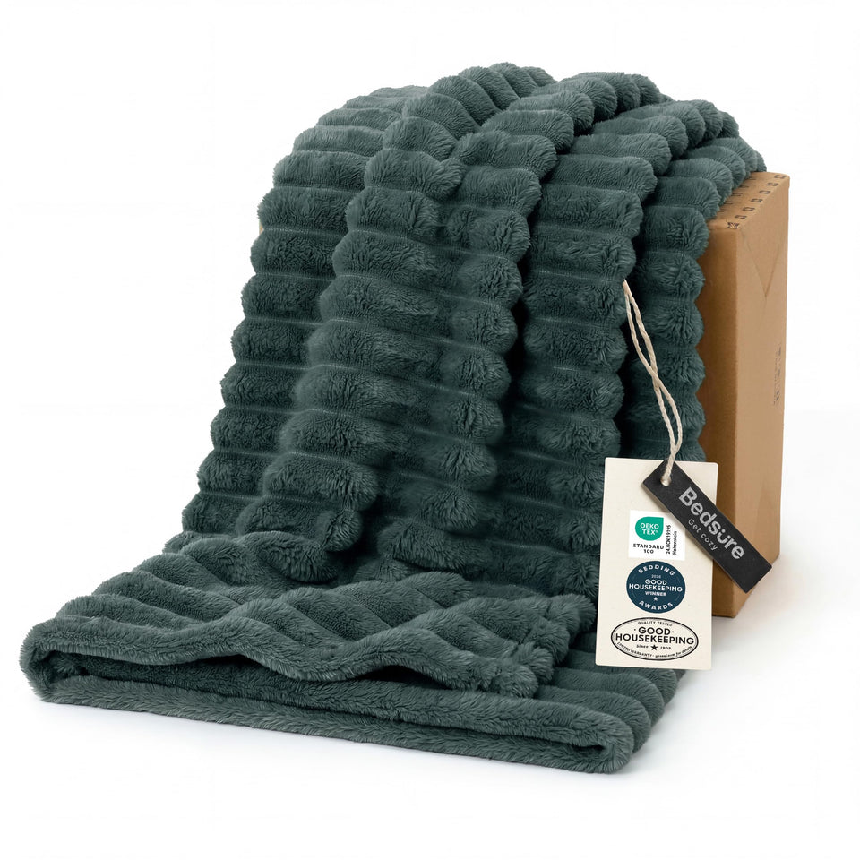 Bedsure GentleSoft Mallard Green fleece blanket with stripe pattern offers cozy warmth for living room decor.