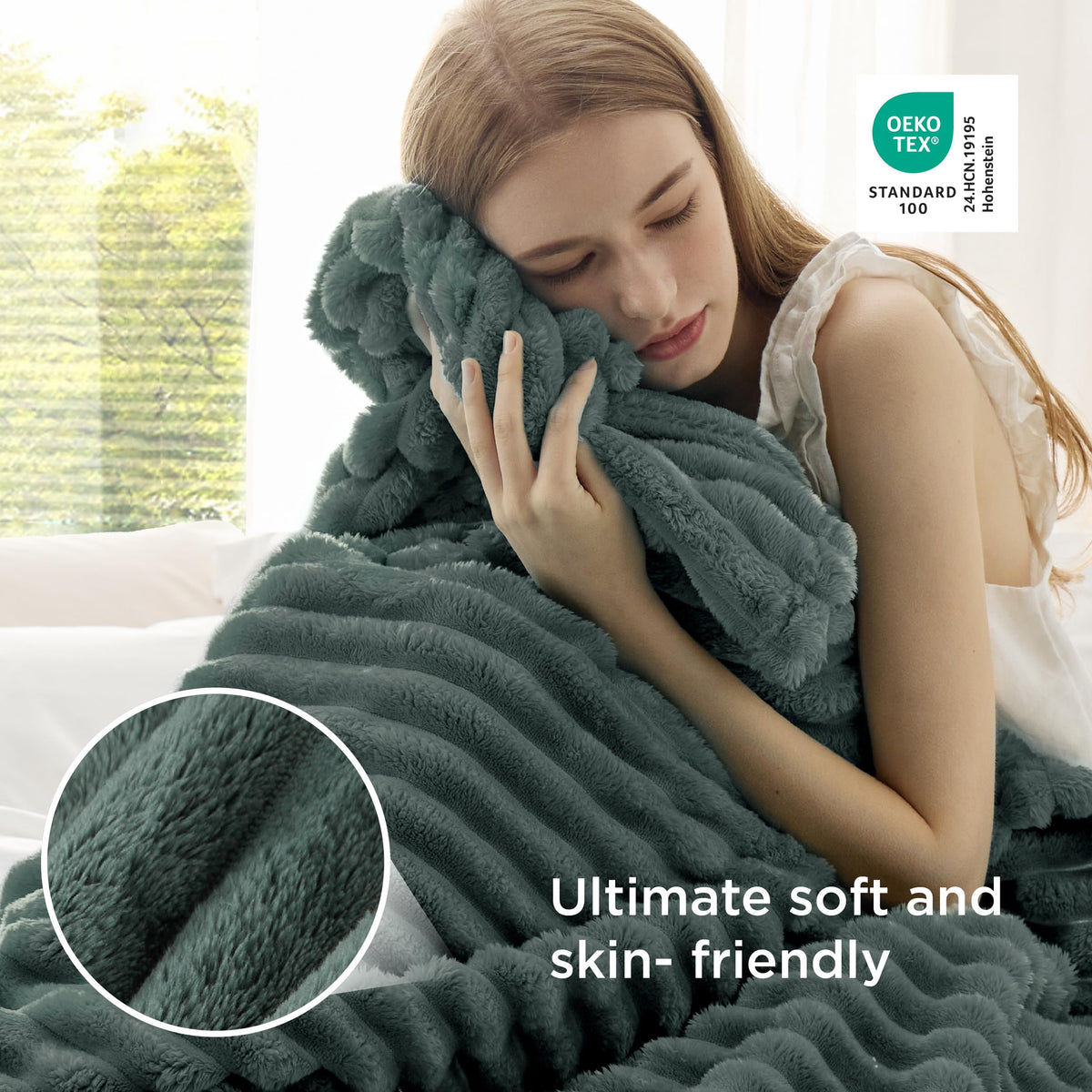 Stitching detail on Bedsure GentleSoft Mallard Green blanket highlights durability.