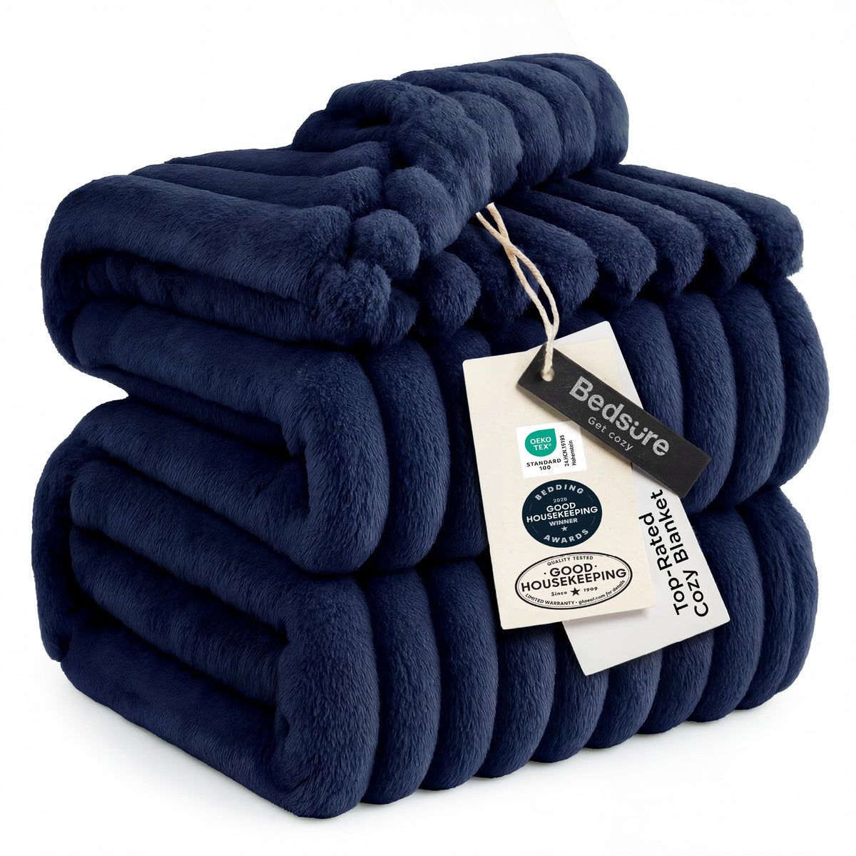 Bedsure GentleSoft navy blanket close-up showing plush texture for cozy lounging