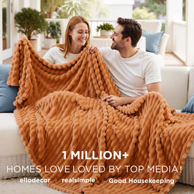 Bedsure GentleSoft orange fall throw blanket stripe pattern complements cozy living room decor.