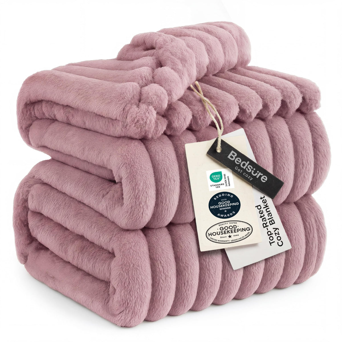 Bedsure GentleSoft pink fleece blanket closeup highlights fluffy microfiber softness.