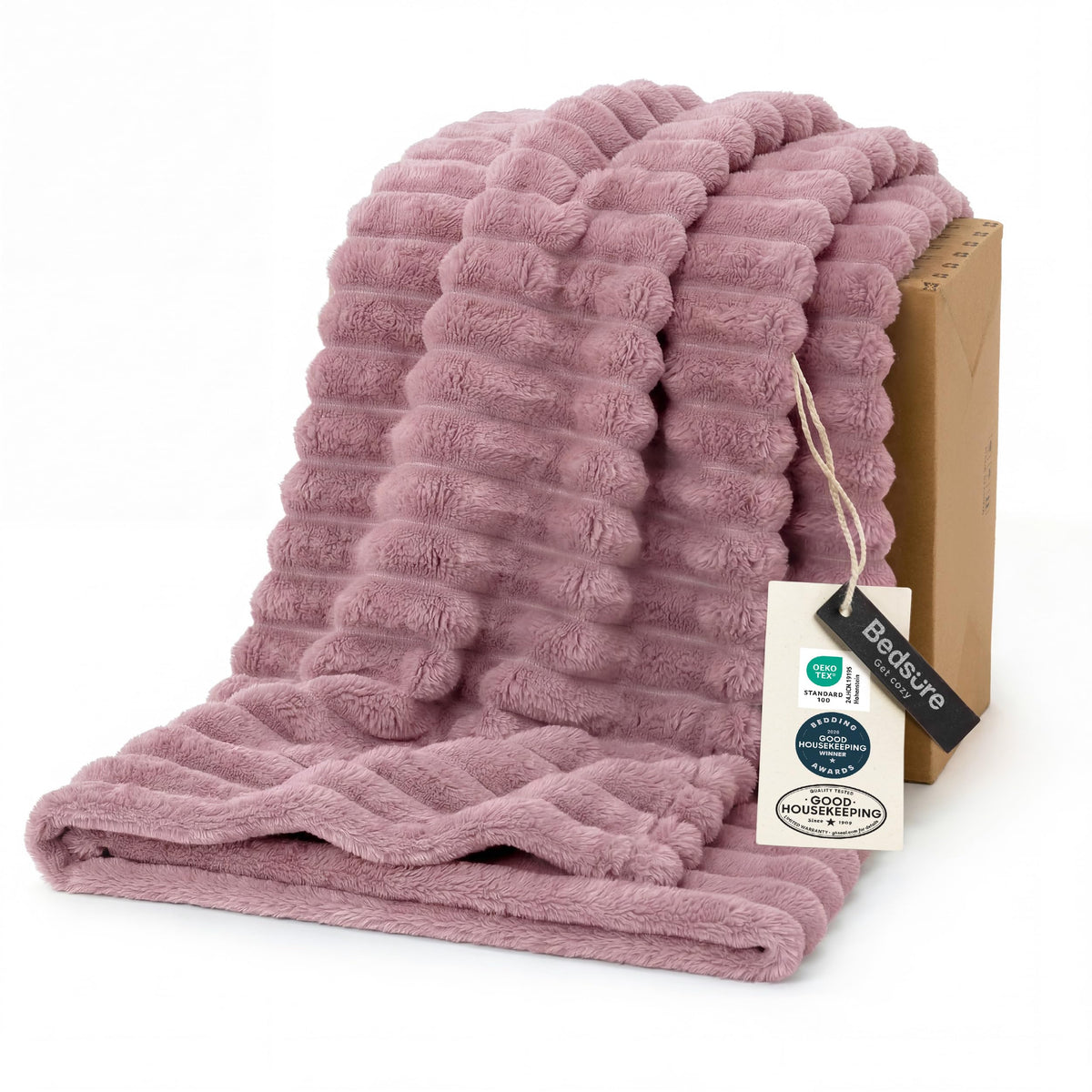 Bedsure GentleSoft pink fleece blanket with stripe pattern for cozy lounging