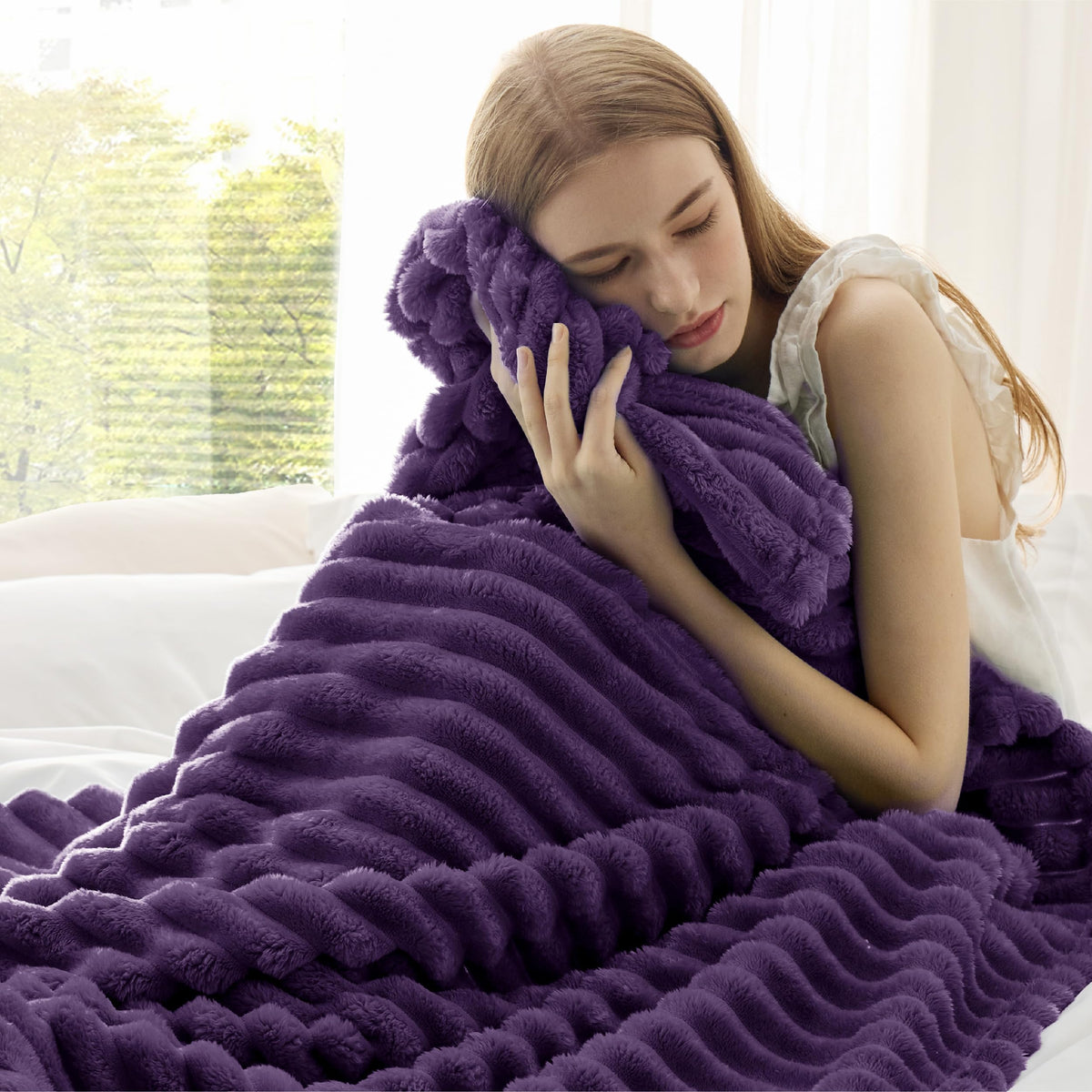 Bedsure GentleSoft purple throw on bed setup for warmth and style
