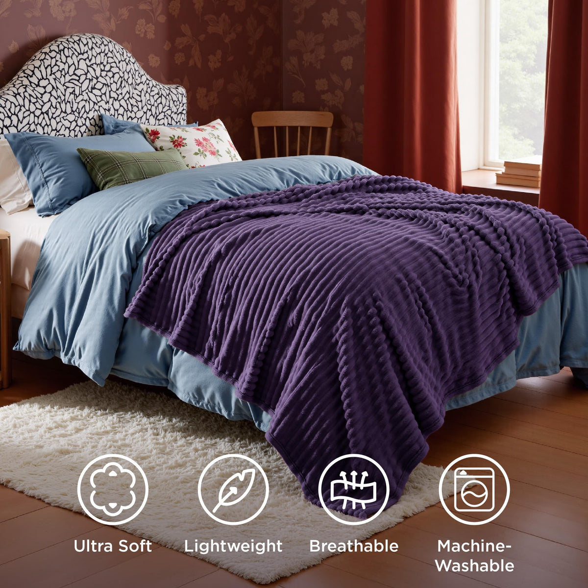 Bedsure GentleSoft purple throw side view highlights stripe texture