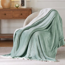 Bedsure GentleSoft sherpa blanket folded to show 50x60 size and durable stitching.