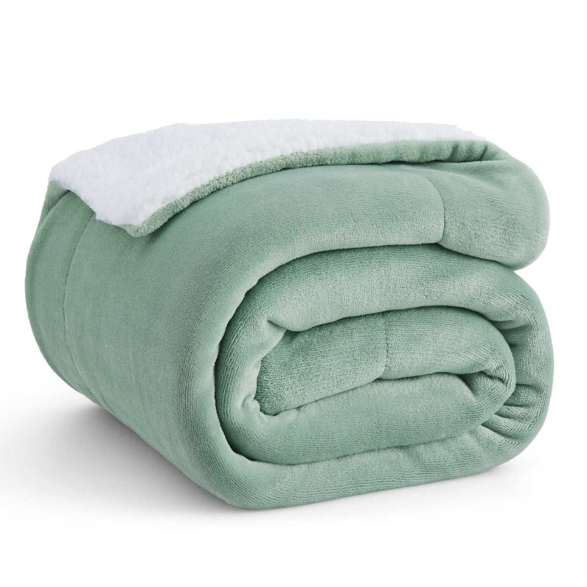 Bedsure GentleSoft sherpa blanket on sofa in sage green for cozy lounging.