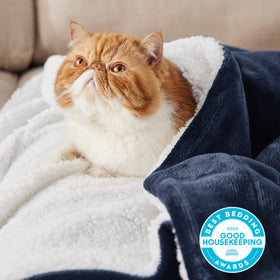 Bedsure GentleSoft Sherpa Throw side view navy, plush warmth in living space