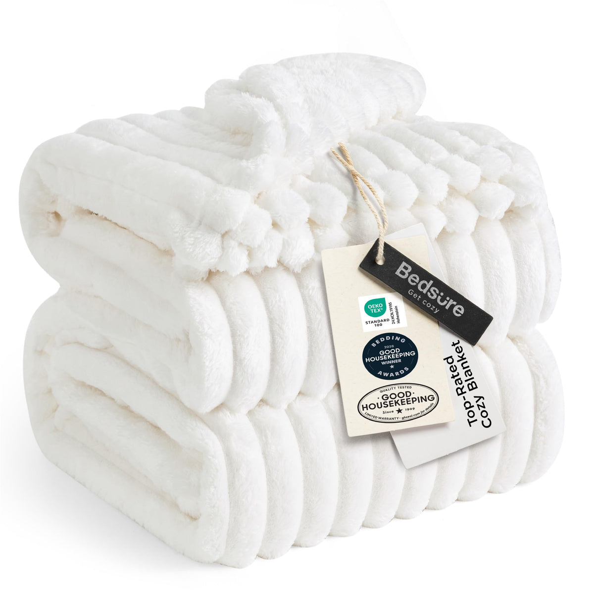 Bedsure GentleSoft striped blanket on bed showing plush soft texture for cozy nights