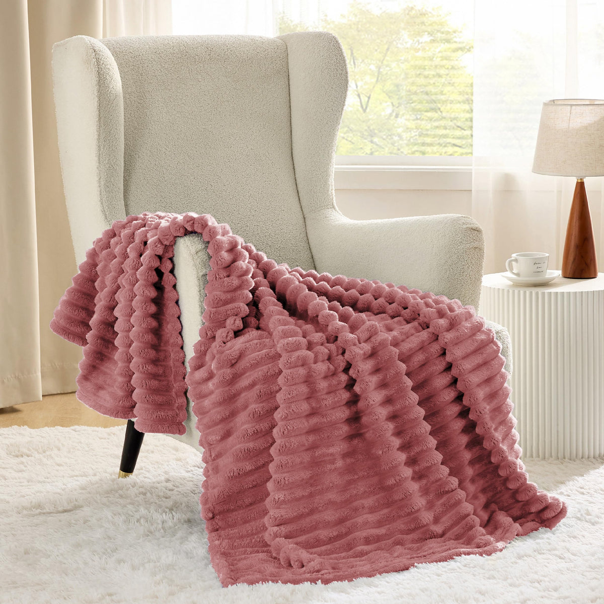 Bedsure GentleSoft striped fleece texture close-up highlighting plush softness.