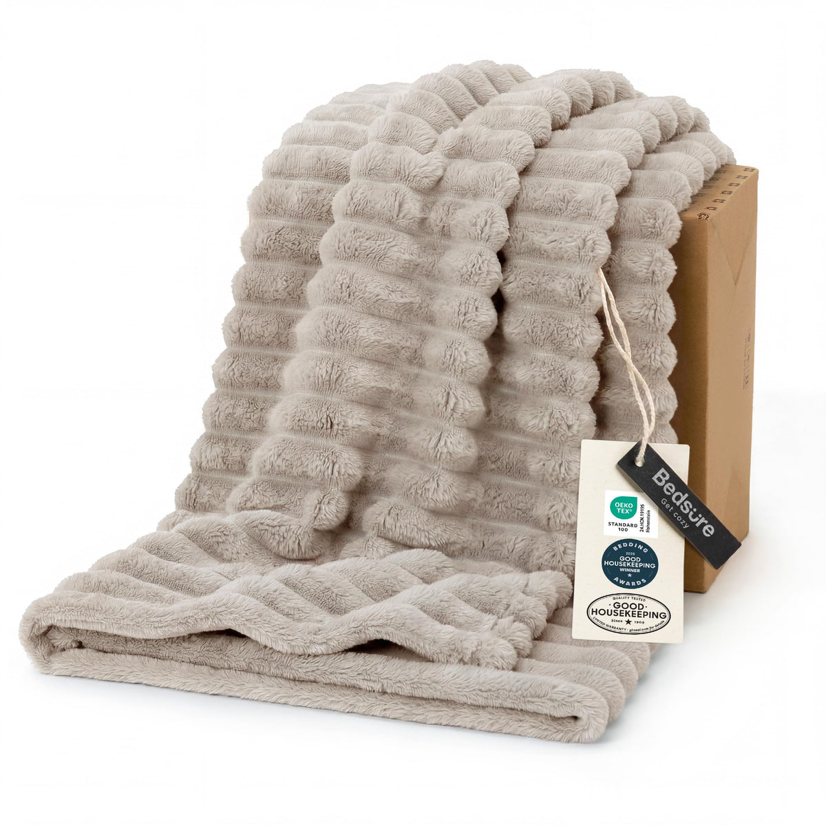 Bedsure GentleSoft twin blanket in beige with stripes ideal for couch styling and year round warmth.