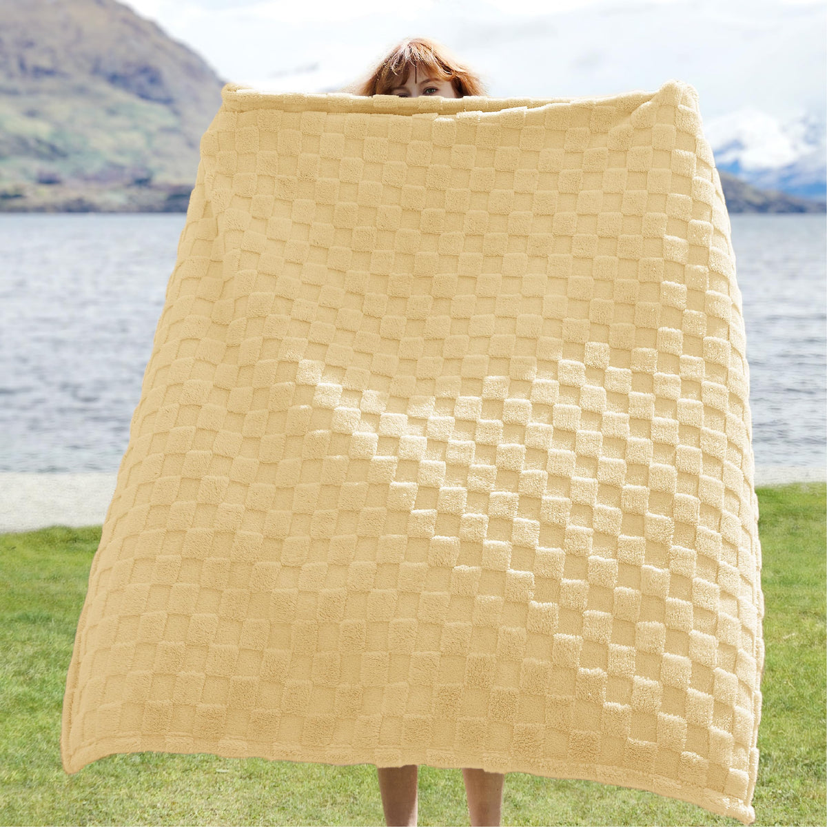 Close-up of checkered fleece texture on Bedsure blanket showing plush finish