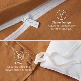 Bedsure Gold duvet cover on bed demonstrates elegant drape and decor compatibility.
