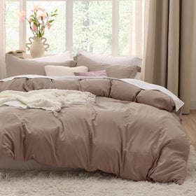 Bedsure khaki duvet cover close-up shows soft fabric texture for cozy sleep.