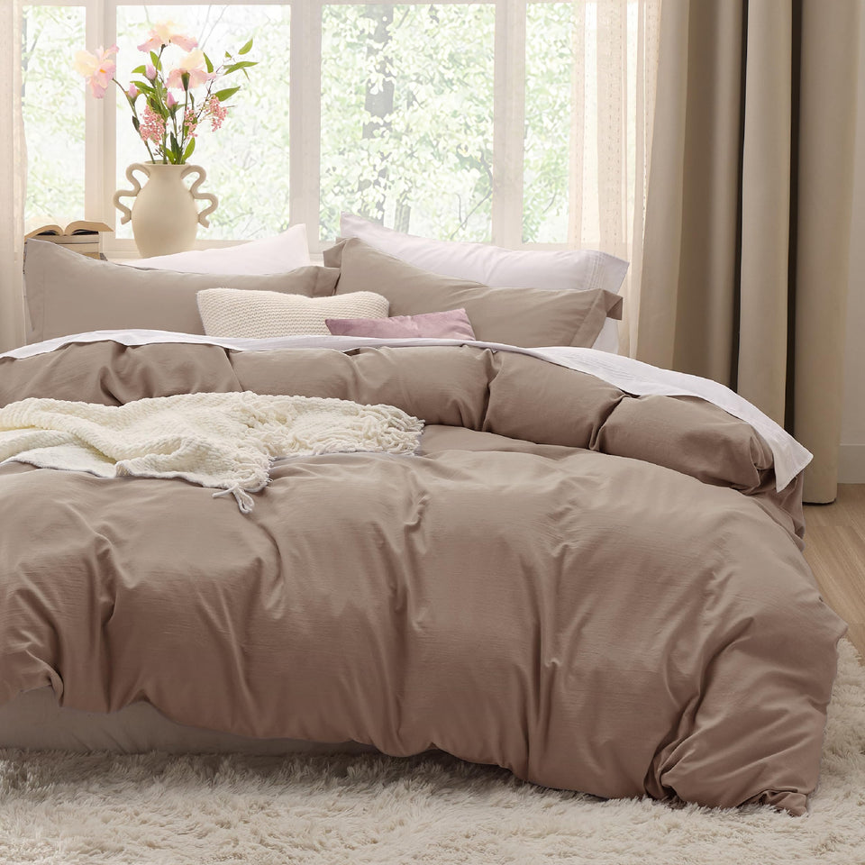 Bedsure khaki duvet cover close-up shows soft fabric texture for cozy sleep.