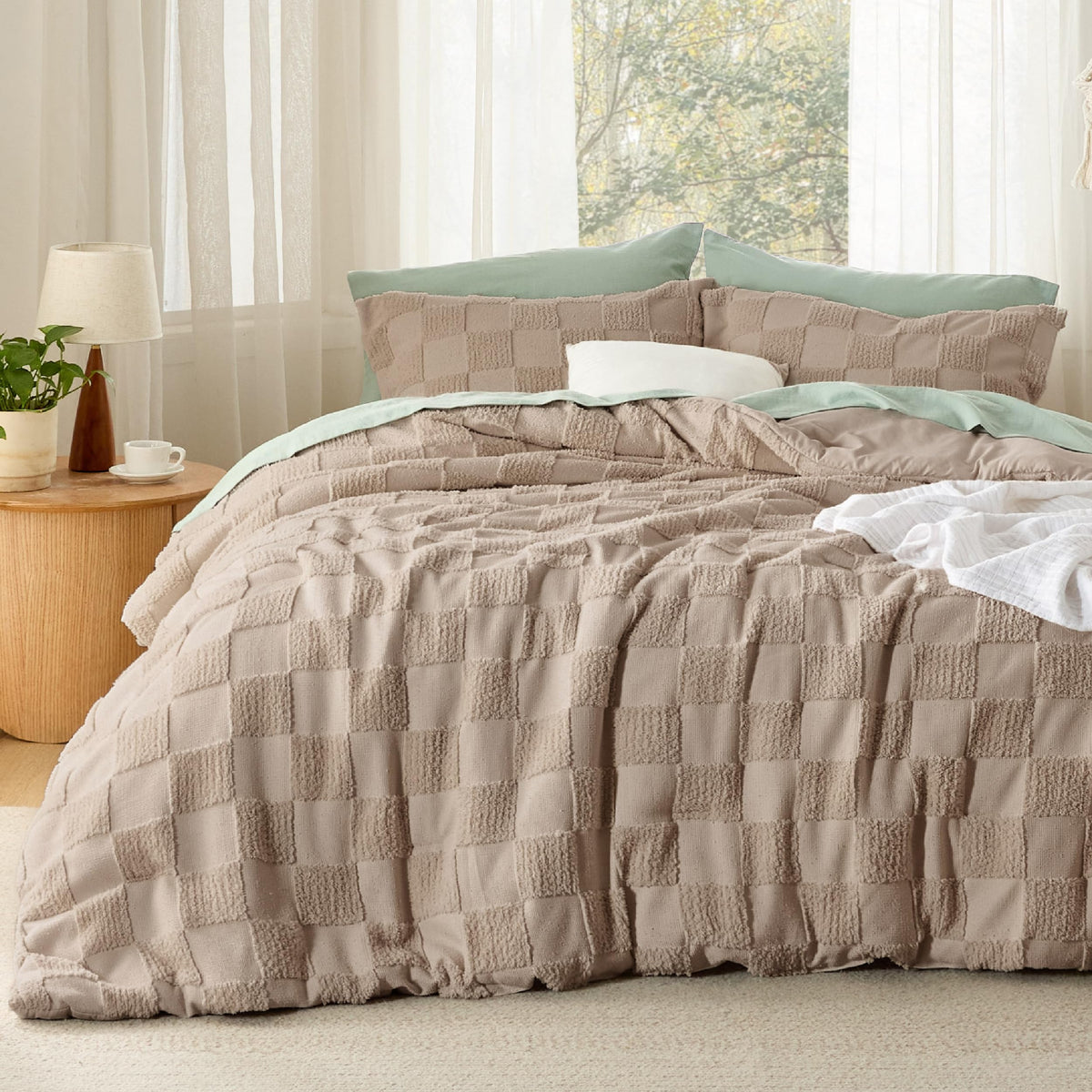 Bedsure Khaki Queen Comforter Set on bed adds cozy, stylish focal point.