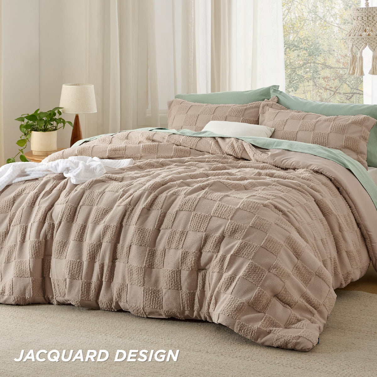 Bedsure Khaki Queen Comforter Texture Microfiber feels ultra-soft for restful nights.
