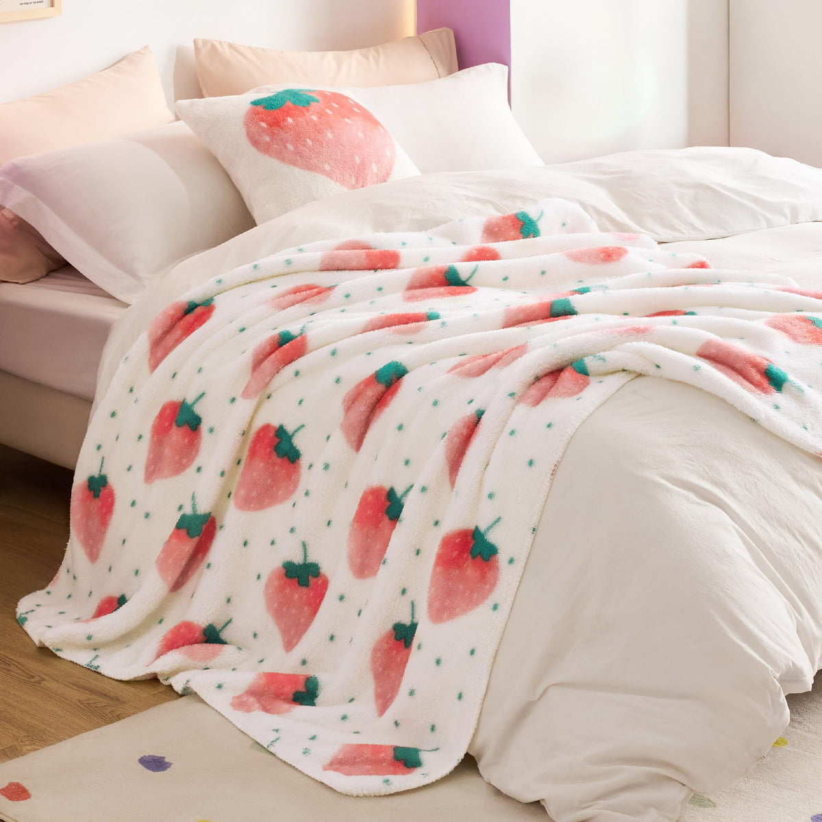 Bedsure kids bedroom decor blanket with strawberry pattern, playful and cozy.