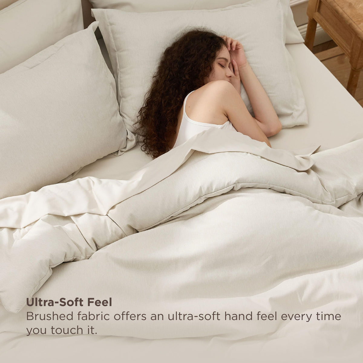 Bedsure beige fitted sheet showing smooth microfiber for easy care