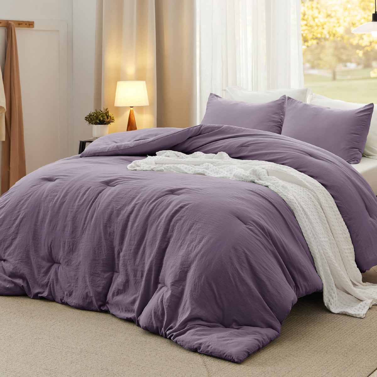 Bedsure king comforter grayish purple close-up shows plush texture for cozy nights.
