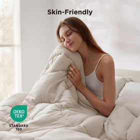 Bedsure king comforter low-crinkle fabric reduces rustle for quiet sleep.