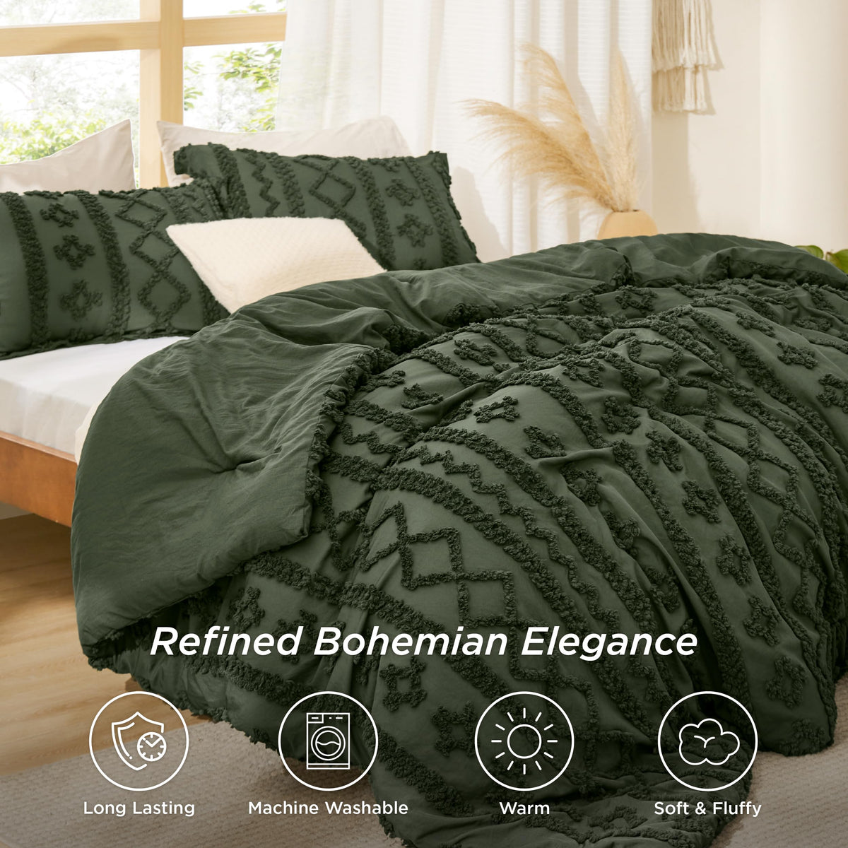 Bedsure king comforter with two shams shown on a styled bed setup.