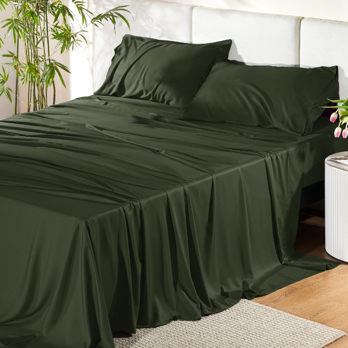 Bedsure king flat sheet in olive green with cooling bamboo fabric for breathable comfort.