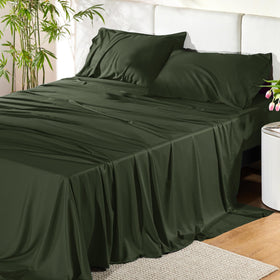 Bedsure king flat sheet in olive green with cooling bamboo fabric for breathable comfort.
