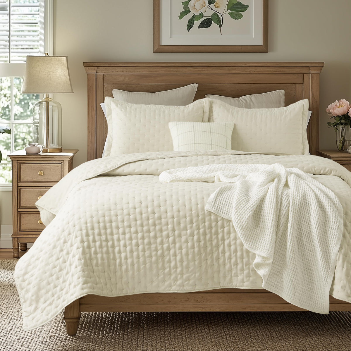 Bedsure king quilt cream close-up showing plush microfiber texture and softness